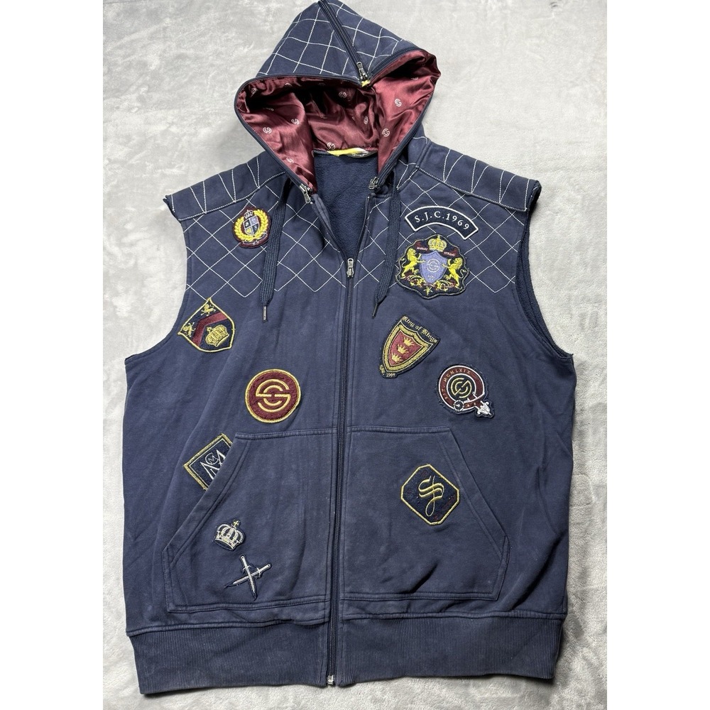 Sean John Hoodie Vest Mens XXL Navy Blue Patch Embroidered Full Zip Sleeveless